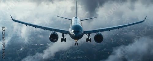 A sleek airplane navigates through dramatic clouds, showcasing modern aviation against a moody sky.