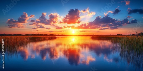 Golden Hour Sunset Reflected in a Serene Lake Surrounded by Lush Reeds