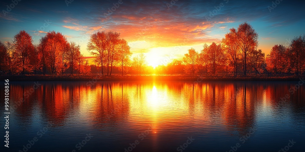 A vibrant autumn sunset casts a golden glow on the still waters of a lake, reflecting the fiery colors of the surrounding trees. A vibrant autumn sunset casts a golden glow on the still waters of a lake, reflecting the fiery colors of the surrounding trees.