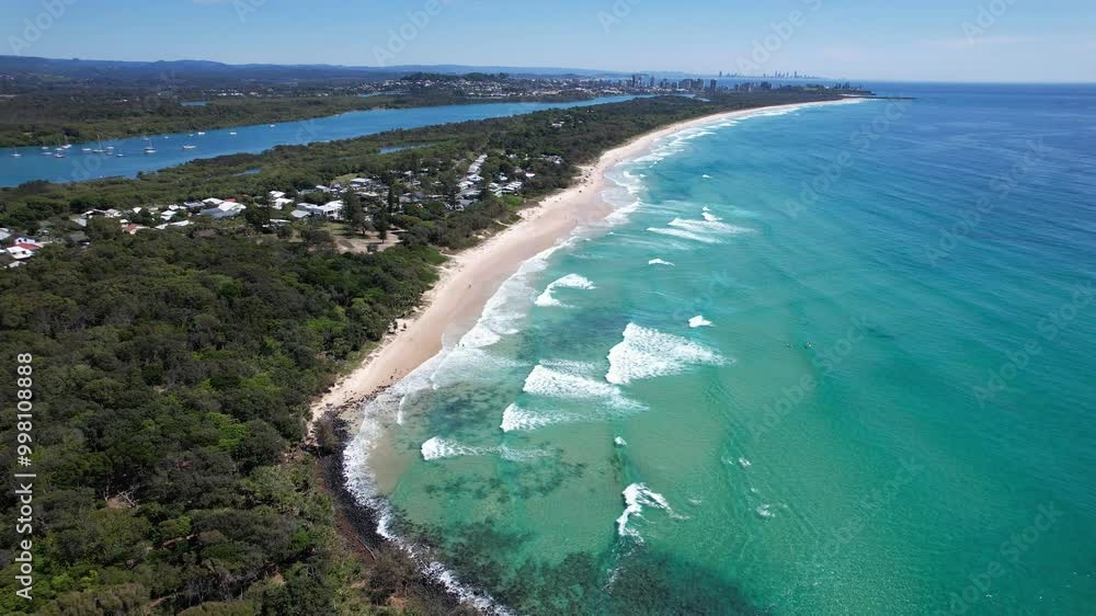 Fingal Head Beach And Lighthouse In Northern Rivers, New South Wales, Australia. Aerial Drone Shot Fingal Head Beach And Lighthouse In Northern Rivers, New South Wales, Australia. Aerial Drone Shot
