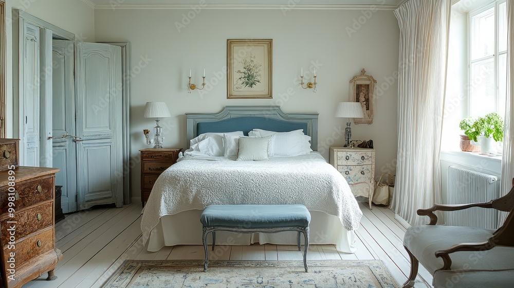 A Swedish Gustavian-style bedroom, with soft pastels, light wood furniture, and elegant decor, embodying simplicity and sophistication A Swedish Gustavian-style bedroom, with soft pastels, light wood furniture, and elegant decor, embodying simplicity and sophistication