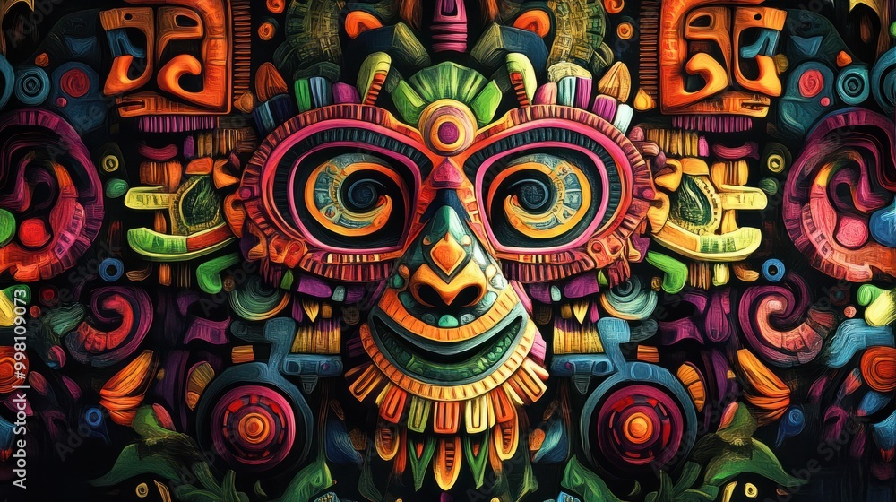 On a black background, a digital illustration of Aztec-inspired patterns with vibrant colors and intricate designs creates a sense of exoticism On a black background, a digital illustration of Aztec-inspired patterns with vibrant colors and intricate designs creates a sense of exoticism