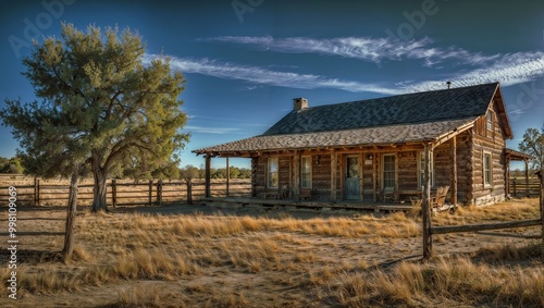 This rustic Texas farmstead displays a log cabin style home with a wooden porch, set in a dry landscape with a surrounding wooden fence and sparse desert-like vegetation under a clear blue sky. photo