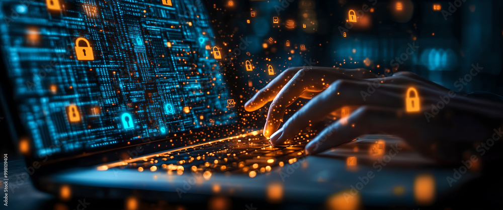 Cybersecurity Concept with Hands Typing on a Laptop Keyboard Surrounded by Digital Data and Security Icons, Representing Information Security, Online Protection, and Data Encryption Cybersecurity Concept with Hands Typing on a Laptop Keyboard Surrounded by Digital Data and Security Icons, Representing Information Security, Online Protection, and Data Encryption
