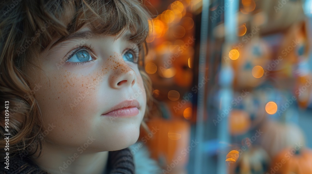 Halloween, the spookiest day of the year. A close-up shot of a child's face, their eyes wide with wonder and excitement as they gaze at a decorated Halloween storefront. Halloween, the spookiest day of the year. A close-up shot of a child's face, their eyes wide with wonder and excitement as they gaze at a decorated Halloween storefront.