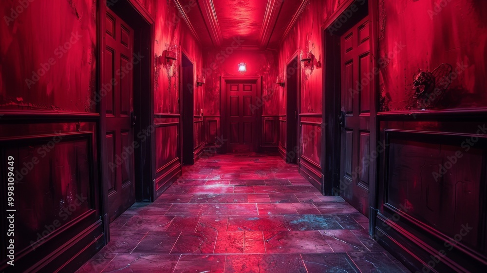 Halloween, the spookiest day of the year. A scene of the finished haunted house, its dark corridors filled with spooky surprises, ready to thrill and scare visitors. Halloween, the spookiest day of the year. A scene of the finished haunted house, its dark corridors filled with spooky surprises, ready to thrill and scare visitors.