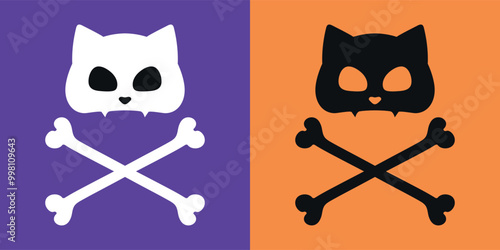 Cat skull with crossbones set. Cat Jolly Roger. Vector illustration