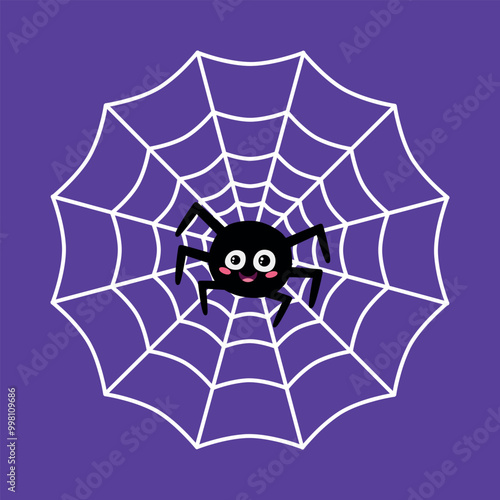 Cute smiling spider on a web in childish style. Vector illustration