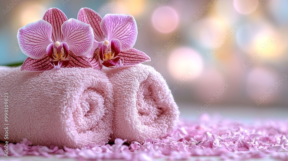 Soft Pink Towels with Delicate Orchid Flowers Resting on a Bed of Petals Soft Pink Towels with Delicate Orchid Flowers Resting on a Bed of Petals