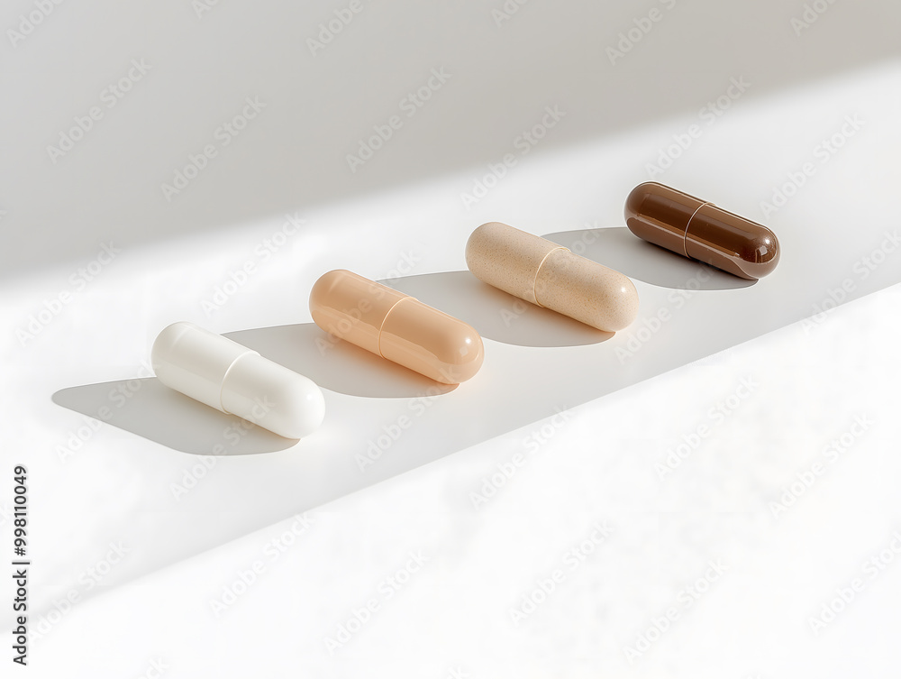 Close-Up of Colorful Vitamins and Supplements in Minimalist Containers on Neutral Background Close-Up of Colorful Vitamins and Supplements in Minimalist Containers on Neutral Background
