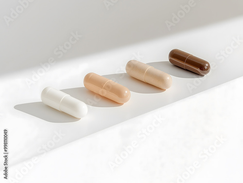 Close-Up of Colorful Vitamins and Supplements in Minimalist Containers on Neutral Background
