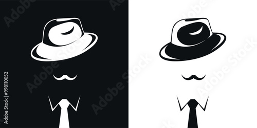 Abstract silhouettes of mafia man, gangster, detective or gentleman. Man with mustache in hat and tie. Vector illustration