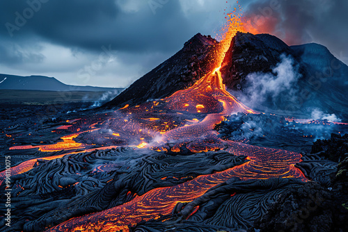 Generative ai on theme of erupting volcano with cascading hot lava surrounded thick white smoke