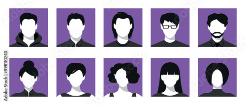 Female and male faceless silhouettes in square frames. Set of women and men user avatars. Vector illustration