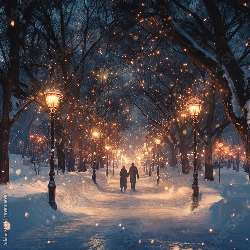 Couple walks hand-in-hand through a snowy, lamplit street. photo