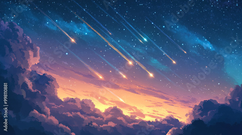 A star rain lights up the sky at sunset, with shooting stars streaking across the evening clouds. A meteor shower, with falling meteorites, glows against the warm light of the setting sun.