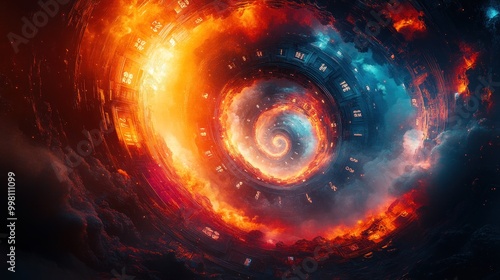 Abstract swirling vortex of fire and ice with a clock-like structure in the center, set against a dark background with clouds.