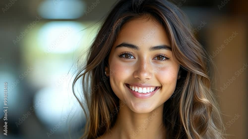 A young woman beams with a radiant smile, exuding joy and confidence in a well-lit indoor environment filled with soft lighting.