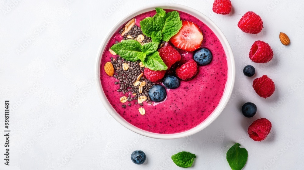 A vibrant smoothie bowl topped with fresh strawberries, blueberries, raspberries, chia seeds, and mint leaves, perfect for a healthy breakfast or snack.