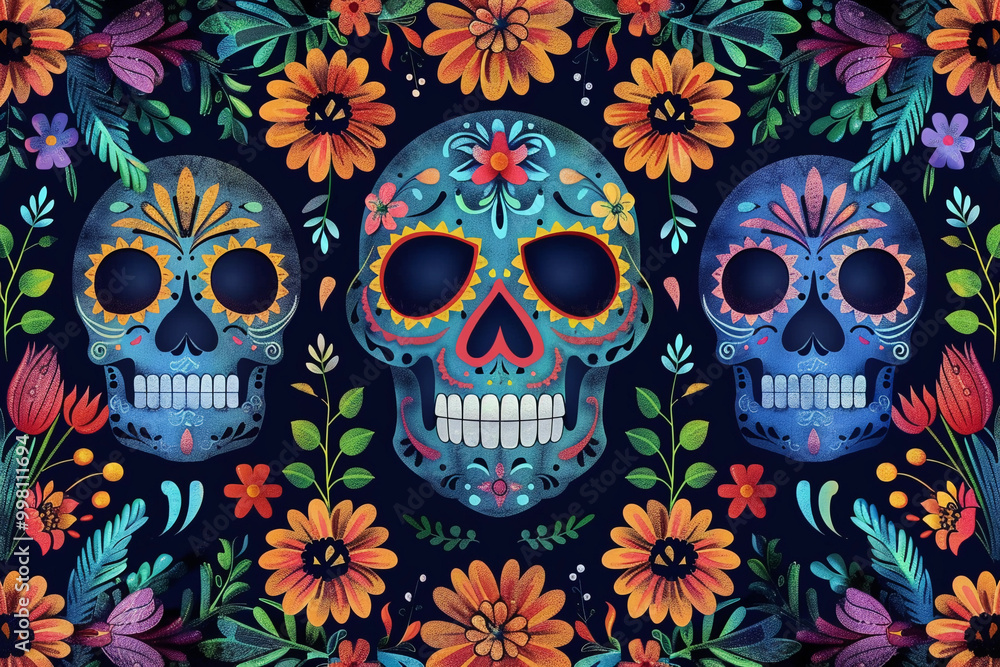 Beautiful greeting card with bright holiday composition for happy to joy celebrate dia de muertos Beautiful greeting card with bright holiday composition for happy to joy celebrate dia de muertos