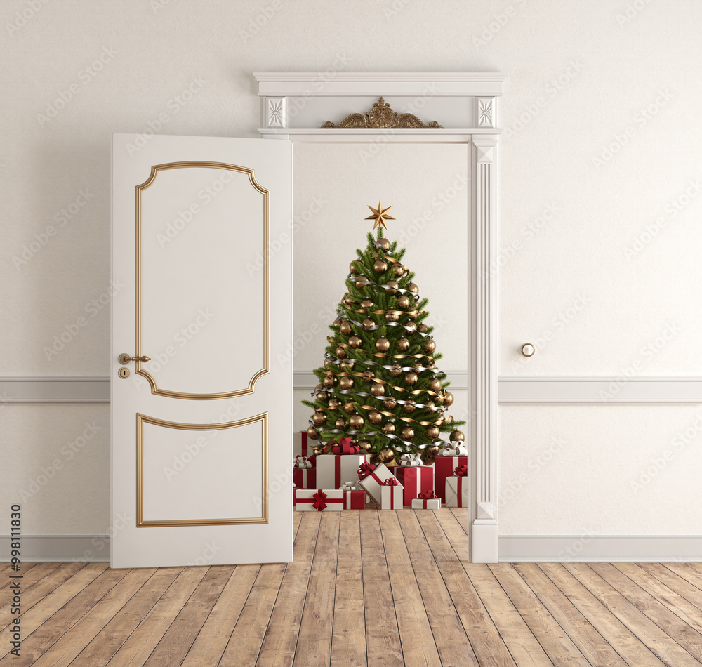 Classic white interior door partially open showing empty doorway