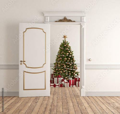 Obraz na płótnie Classic white interior door partially open showing empty doorway w salonie