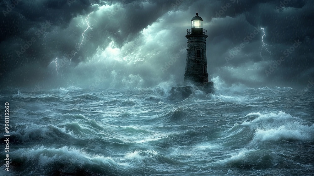 A solitary lighthouse stands tall against a backdrop of stormy seas, its beacon piercing the darkness as lightning strikes the raging waves. A solitary lighthouse stands tall against a backdrop of stormy seas, its beacon piercing the darkness as lightning strikes the raging waves.