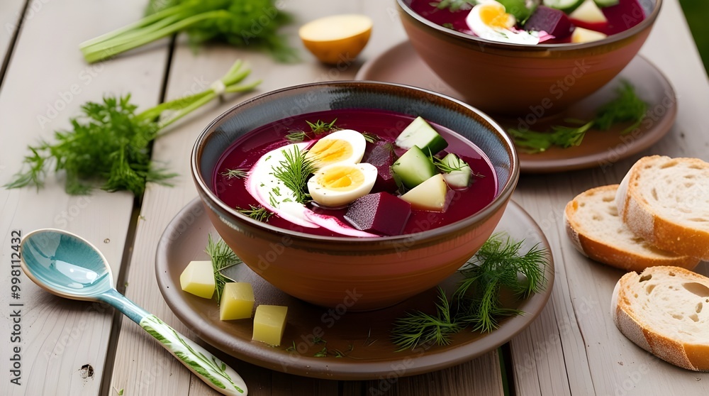 Refreshing summer beet soup featuring eggs, cucumber, potatoes, and greens, perfect for a hot day. Refreshing summer beet soup featuring eggs, cucumber, potatoes, and greens, perfect for a hot day.