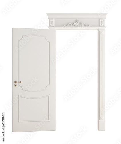 Classic white interior door standing partially open, revealing an empty doorway, on transparent background-3d rendering