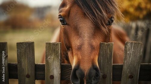  horseâ€™s head over a wooden fence, focusing on the animal's eyes and mane photo