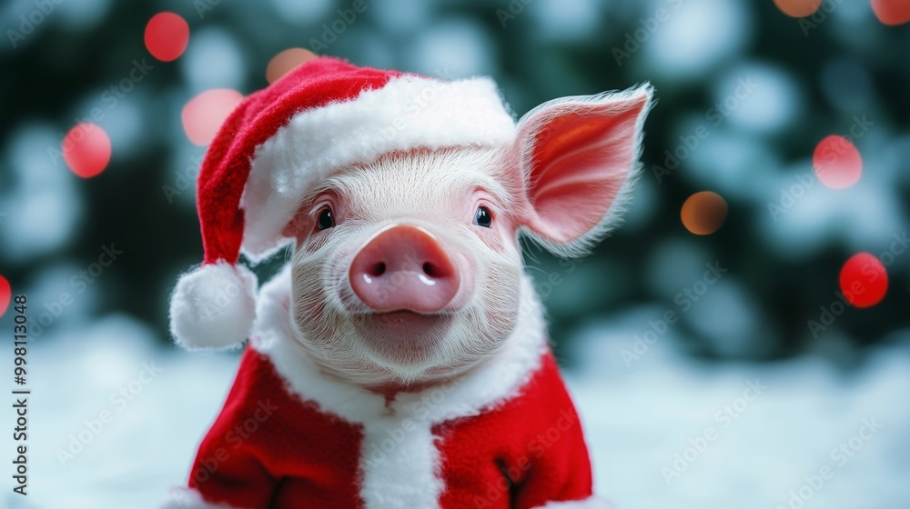 Cute Funny Pig with Santa Hat Christmas Lights Background Cute Funny Pig with Santa Hat Christmas Lights Background