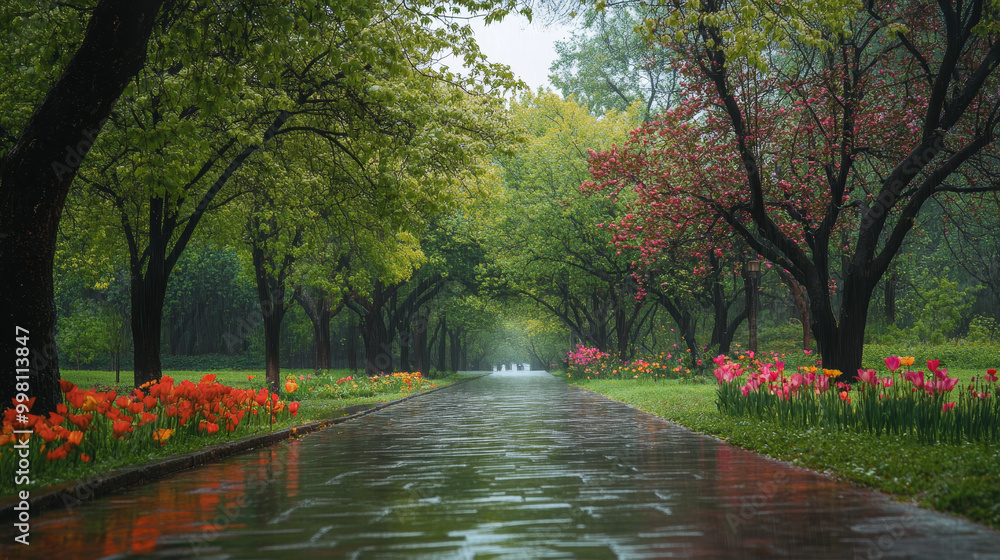 A scenic view of the park's walking paths in spring, with trees and flowers glistening wet from the rain.
A scenic view of the park's walking paths in spring, with trees and flowers glistening wet from the rain.