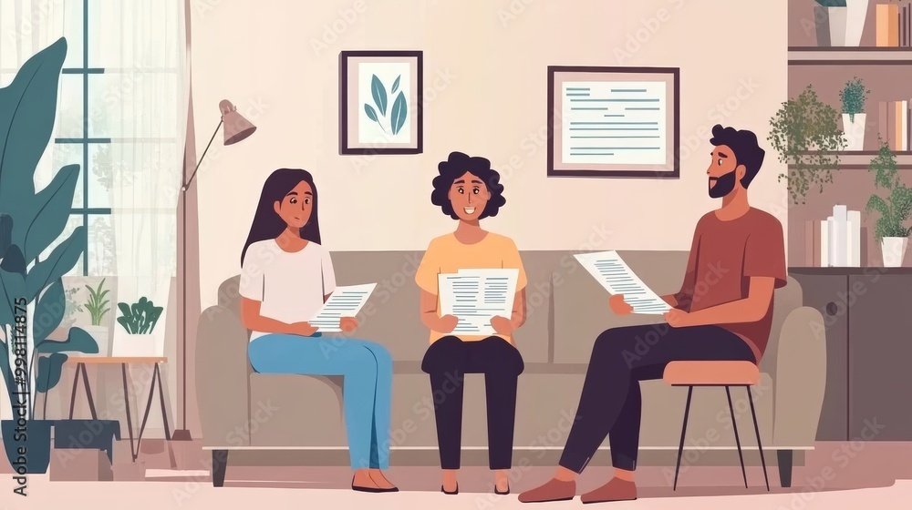 Three people of different ethnicities sitting on a couch and chair, reviewing papers in a comfortable home setting with plants and framed artwork Three people of different ethnicities sitting on a couch and chair, reviewing papers in a comfortable home setting with plants and framed artwork