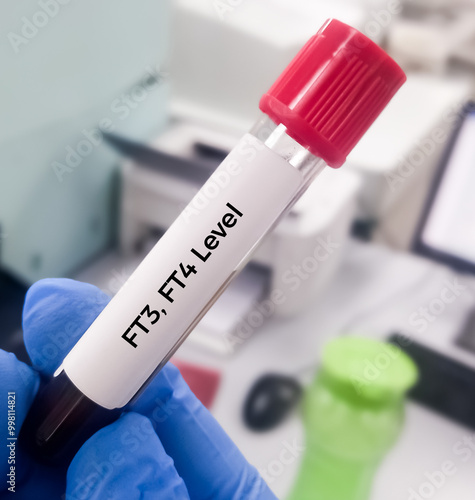 Blood sample for Thyroid function tests or thyroid panel test (T3,T4,TSH,FT3,FT4) to diagnosis of hyperthyroidism or hypothyroidism. photo