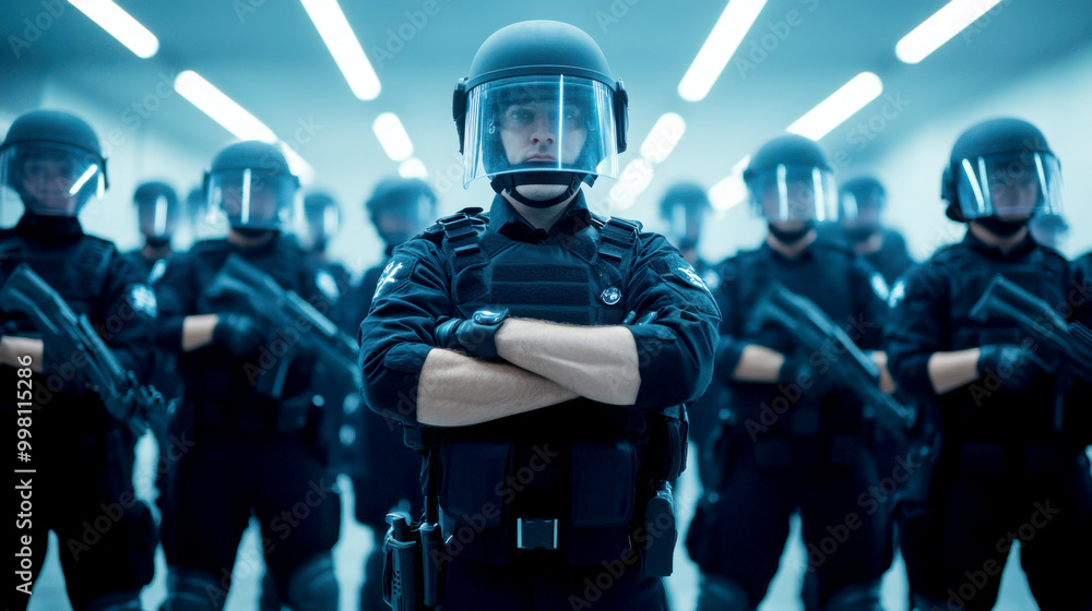 Police force in protective gear ready for action Police force in protective gear ready for action