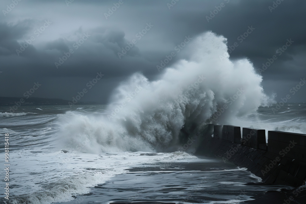 Fototapeta premium Generative ai on theme of a scary tsunami with huge foamy wave, apocalyptic dramatic background
