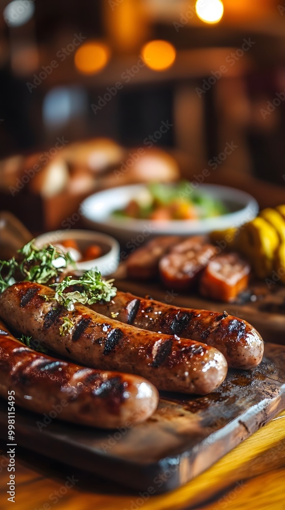 A wooden board with grilled sausages, a rustic kitchen setting, rich colors of the sausages and wood texture A wooden board with grilled sausages, a rustic kitchen setting, rich colors of the sausages and wood texture
