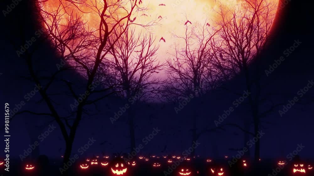 Halloween Blood Moon in Dead Tree Loop. Dead tree silhouettes in a foggy and bat with huge blood moon on a seamless loop.
Halloween Blood Moon in Dead Tree Loop. Dead tree silhouettes in a foggy and bat with huge blood moon on a seamless loop.
