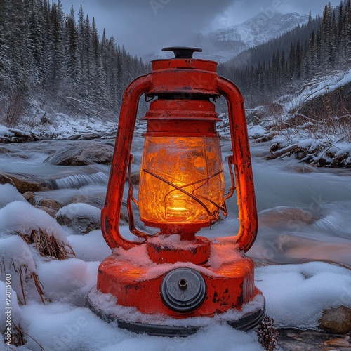 Enchanting Vintage Lantern Illuminated in Snowy Twilight with Cool Tones - Winter Ambiance Shot with Fujifilm GFX 100S