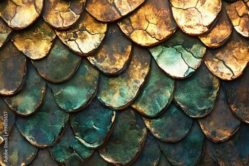 Wallpaper Mural Intricate dragon scale texture in metallic greens and golds, shimmering in sunlight Torontodigital.ca