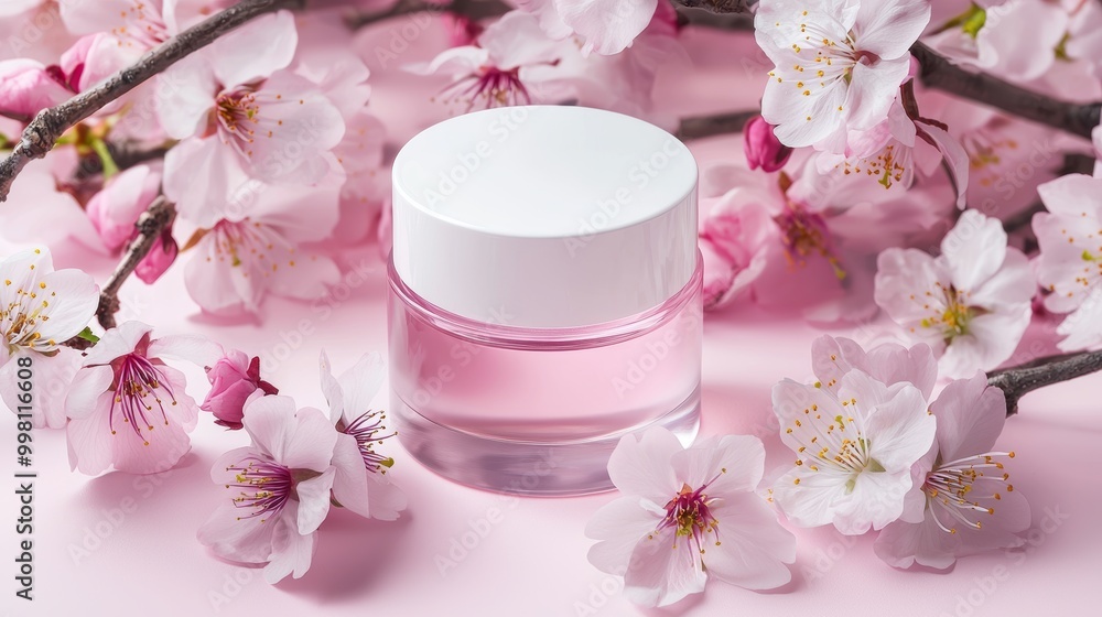 Cosmetic cream jar surrounded by cherry blossoms on a pastel pink background. Cosmetic cream jar surrounded by cherry blossoms on a pastel pink background.