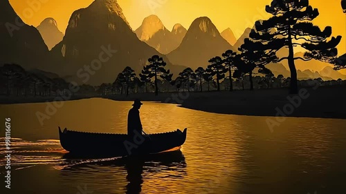 Silhouette of Man Rowing Boat on River at Sunset Animation