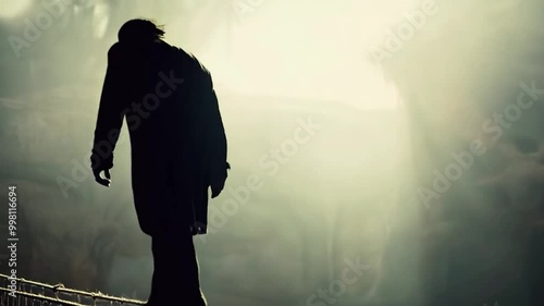 Silhouette of Man Walking on Rope in Dark Room