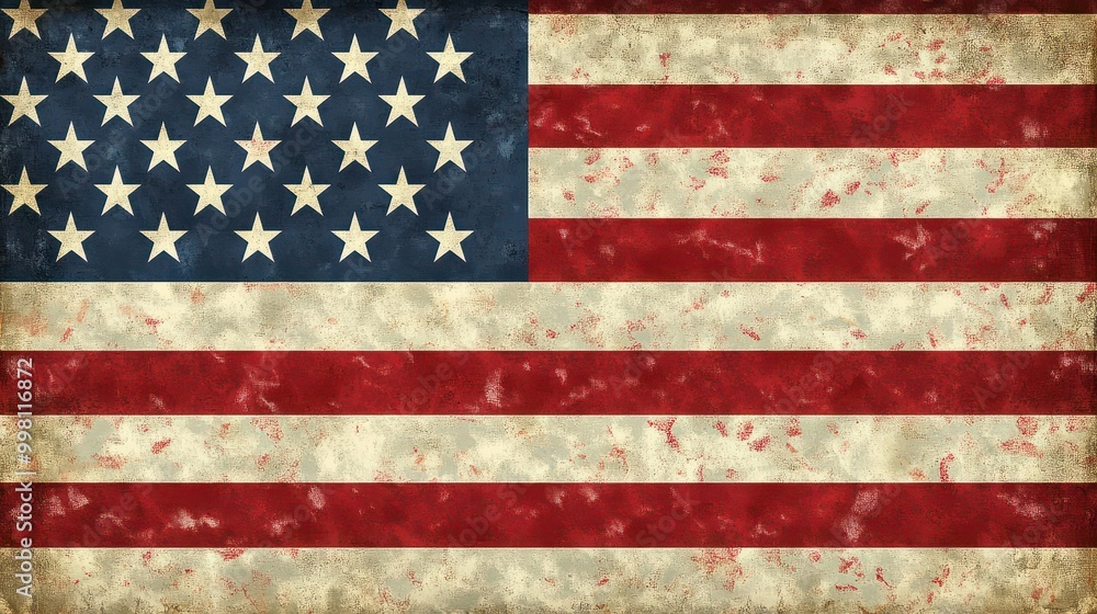 Naklejka premium An illustration depicting the American flag,also known as the Stars and Stripes.The flag features thirteen horizontal stripes alternating between red and white, representing the original American fla