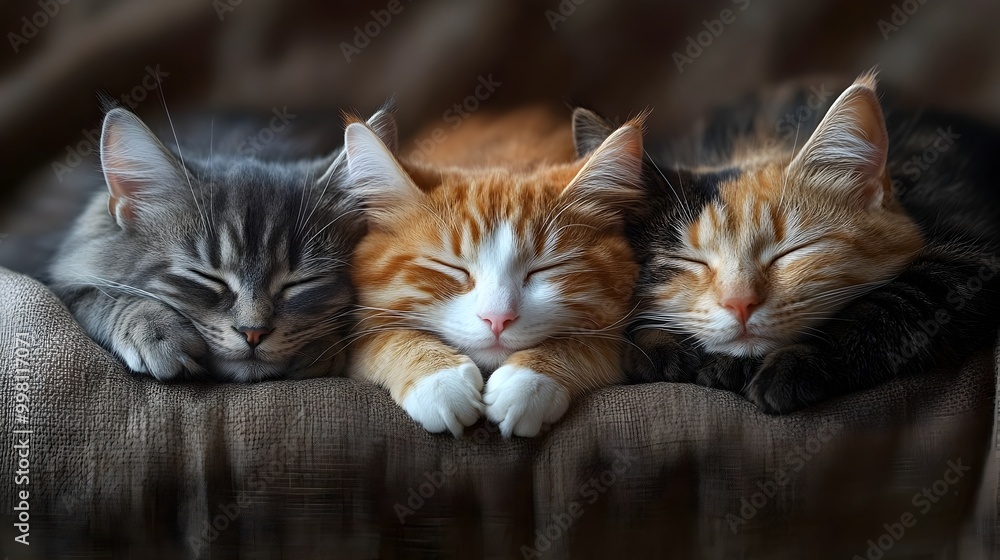 Three Adorable Cats of Different Breeds Sleeping Cozily Together in a Pile Three Adorable Cats of Different Breeds Sleeping Cozily Together in a Pile