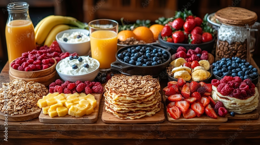 A visually appealing breakfast spread featuring fresh fruit, creamy yogurt, fluffy pancakes, and crunchy granola. A visually appealing breakfast spread featuring fresh fruit, creamy yogurt, fluffy pancakes, and crunchy granola.