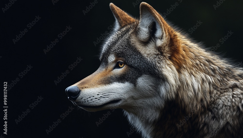 Fototapeta premium Side Profile of a Wolf with Gray Fur on Black Background