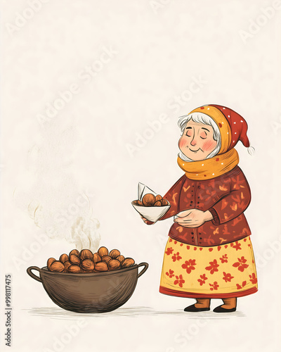 Old lady in traditional clothing, holding a bag of roasted chestnuts next to a steaming pot. Theme of Spanish holiday 