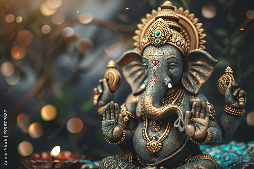 Obraz premium Beautiful greeting card with bright holiday composition for happy celebrate Ganesh Chaturthi