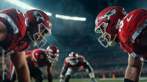 Professional American football players in an intense game at a large sports stadium with a cheering crowd and scoreboard in the background  The players are wearing red uniforms and helmets